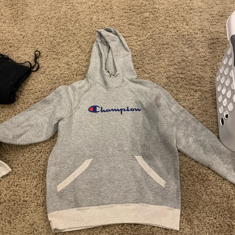 grey and white champion hoodie